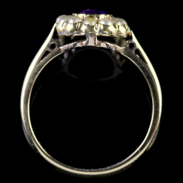 Antique Victorian Amethyst Pearl Cluster Ring 18Ct Gold Circa 1900