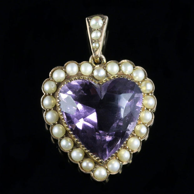 Antique Victorian Amethyst Pearl Heart Pendant 9Ct Gold Circa 1880