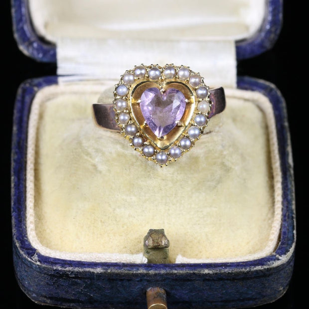 Antique Victorian Amethyst Pearl Heart Ring Circa 1880 18Ct Gold