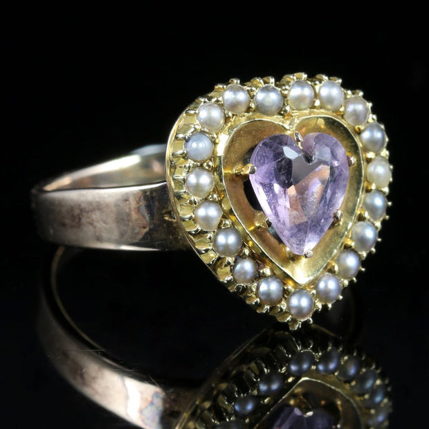 Antique Victorian Amethyst Pearl Heart Ring Circa 1880 18Ct Gold