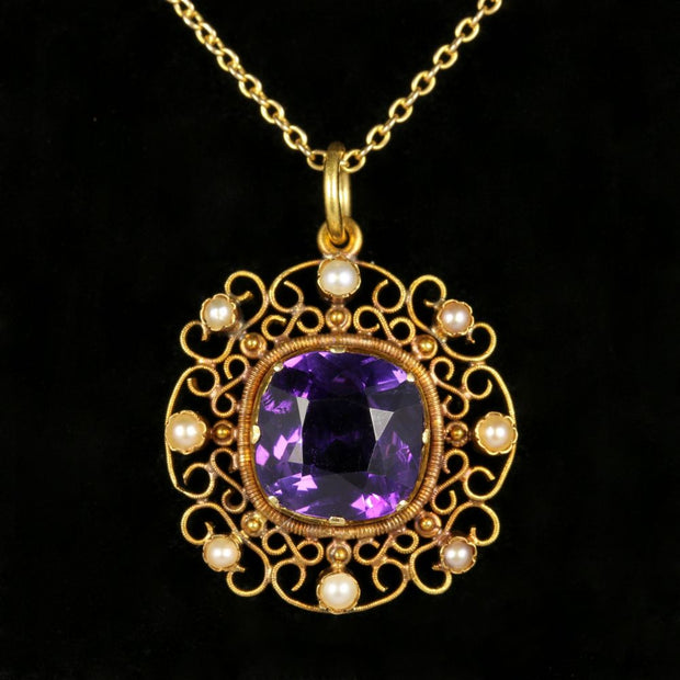 Antique Victorian Amethyst Pearl Necklace 18Ct Gold Circa 1860