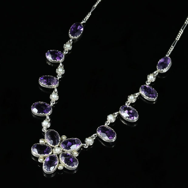 Antique Victorian Amethyst Pearl Necklace Silver Circa 1890