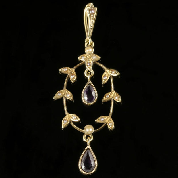 Antique Victorian Amethyst Pearl Pendant 14Ct Gold
