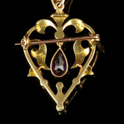 Antique Victorian Amethyst Pendant Brooch 15Ct Gold Necklace Heart Shape Circa 1900