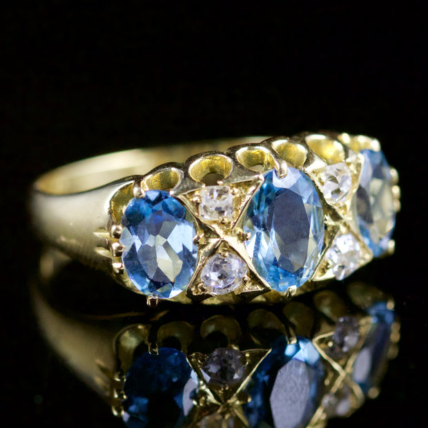 Antique Victorian Aquamarine Diamond Ring 18Ct Gold Circa 1880