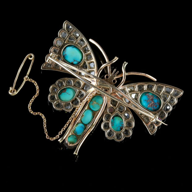 Antique Victorian Butterfly Brooch Turquoise Diamond 18Ct Gold Circa 1860