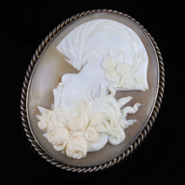 Antique Victorian Cameo Brooch Bacchante Carved Bullmouth Shell Silver