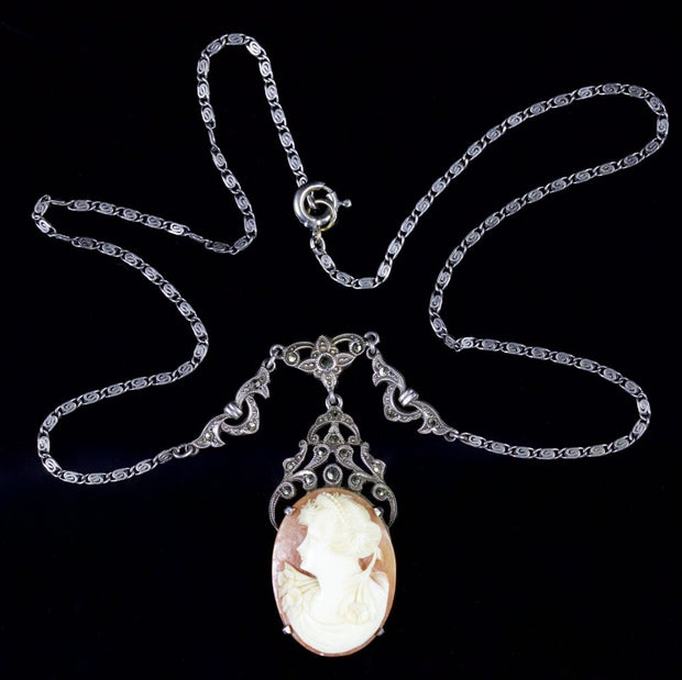 Antique Victorian Cameo Marcasite Necklace Silver Circa 1860