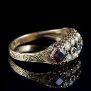 Antique Victorian Cluster Ring Garnet Pearl 15Ct Gold Circa 1900