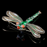 Antique Victorian Coral Enamel Silver Dragonfly Brooch Circa 1900