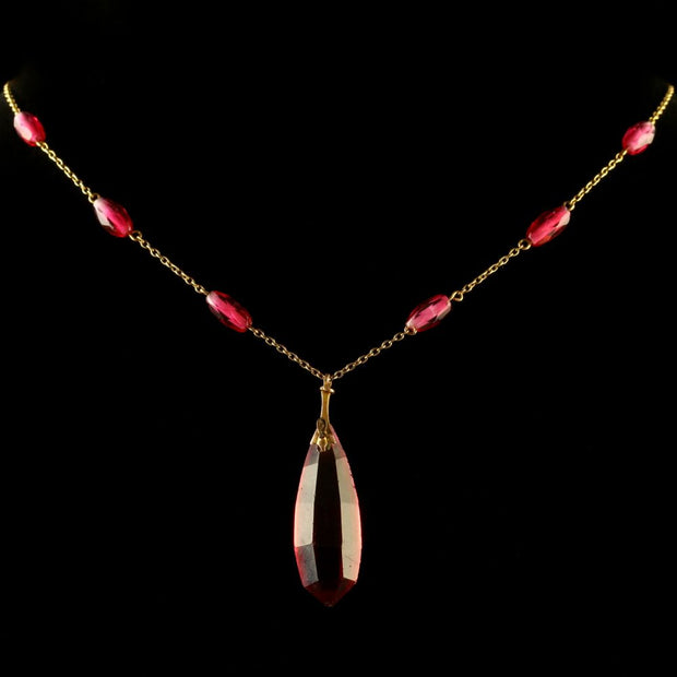 Antique Victorian Cranberry Glass Gold Dropper Necklace