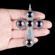 Antique Victorian Silver Cross Pendant Purple Rock Crystal