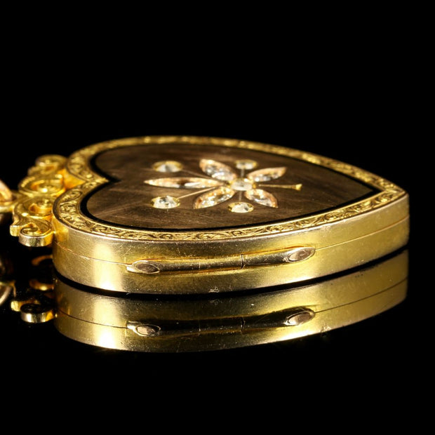 Antique Victorian Diamond Locket Heart Locket And Chain 15Ct Gold