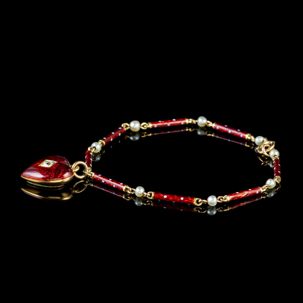 Antique Victorian Diamond Red Enamel Heart Charm Bracelet Circa 1900 Boxed