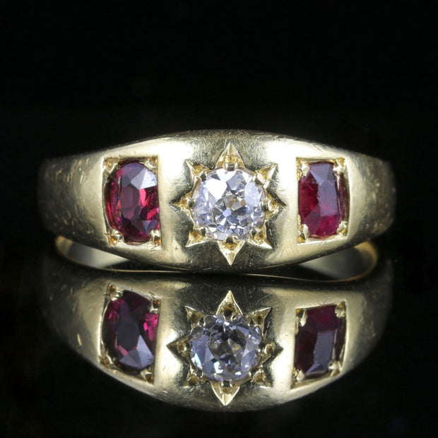 Antique Victorian Diamond Ruby Trilogy Ring 18Ct Yellow Gold