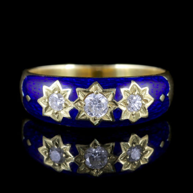 Antique Diamond Trilogy Ring Blue Enamel Stars 18Ct Gold Circa 1900