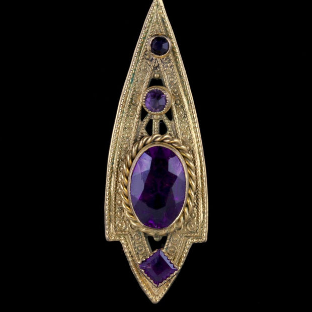Antique Victorian Drop Earrings Purple Paste Gold Gilt Circa 1900