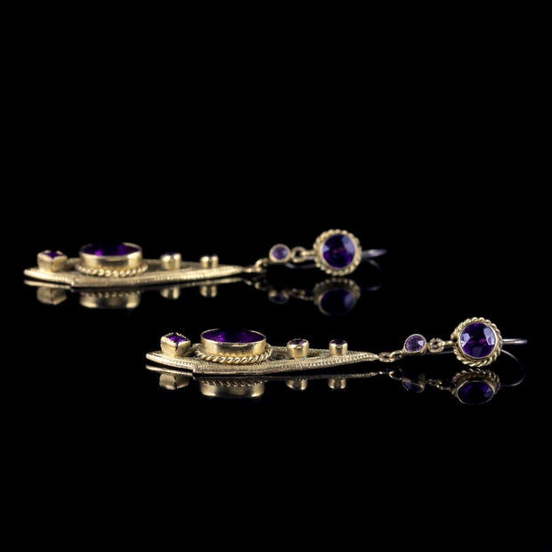 Antique Victorian Drop Earrings Purple Paste Gold Gilt Circa 1900