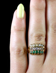 Antique Victorian Emerald Diamond Pearl Ring 18Ct Gold Dated 1882