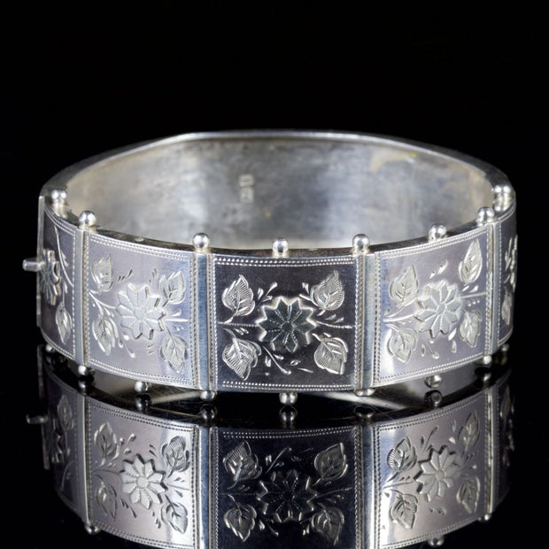 Antique Victorian Floral Bangle Sterling Silver Dated 1885