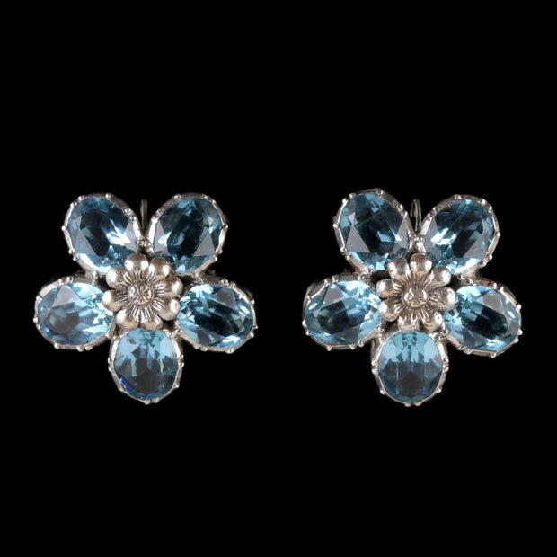Antique Victorian Flower Earrings Blue Paste Silver Circa 1890
