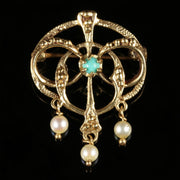 Antique Victorian Gold Brooch Turquoise Pearl 14Ct Circa 1900