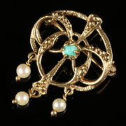 Antique Victorian Gold Brooch Turquoise Pearl 14Ct Circa 1900