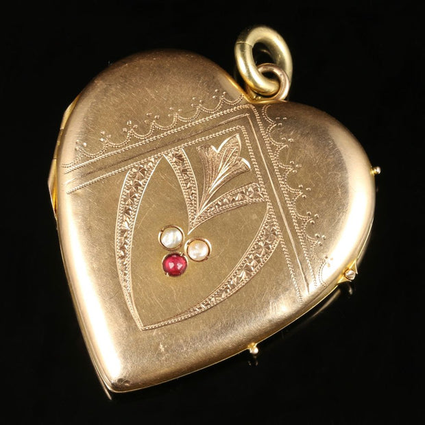 Antique Victorian Gold Heart Locket Ruby Pearl Circa 1880