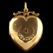 Antique Victorian Gold Heart Locket Star And Crescent Ruby