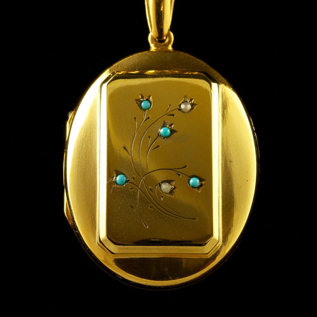 Antique Victorian Gold Locket And Necklace Turquoise Stones Circa 1880