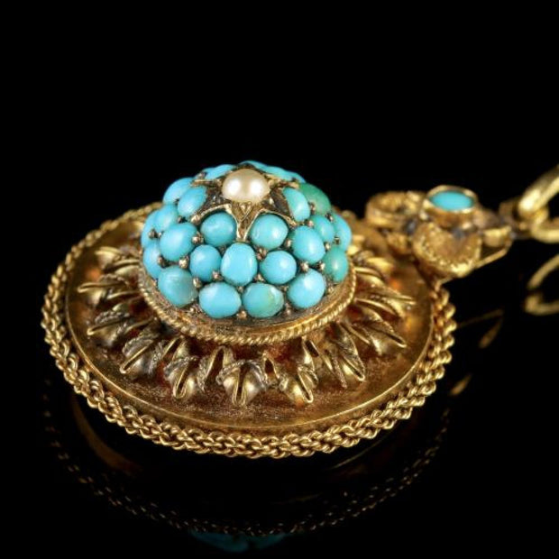 Antique Victorian Gold Turquoise Locket Pendant Necklace Circa 1880