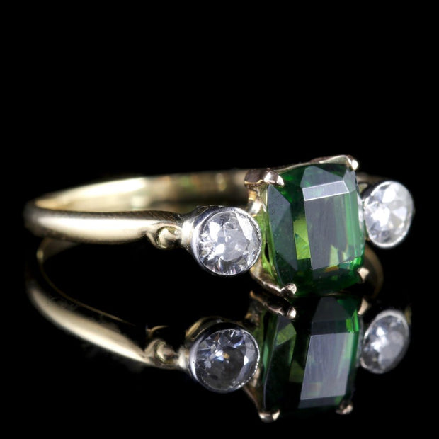 Antique Victorian Green Tourmaline Diamond Ring 18Ct Gold