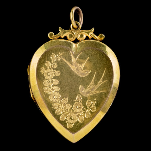 Antique Victorian Heart Locket 9Ct Gold Back And Front Swallow Forget Me Not Circa 1860