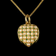 Antique Victorian Heart Locket Emerald Pearl 18Ct Gold Necklace