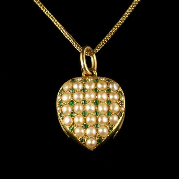 Antique Victorian Heart Locket Emerald Pearl 18Ct Gold Necklace