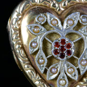 Antique Victorian Heart Locket Garnet Pearl 9Ct Silver Circa 1900