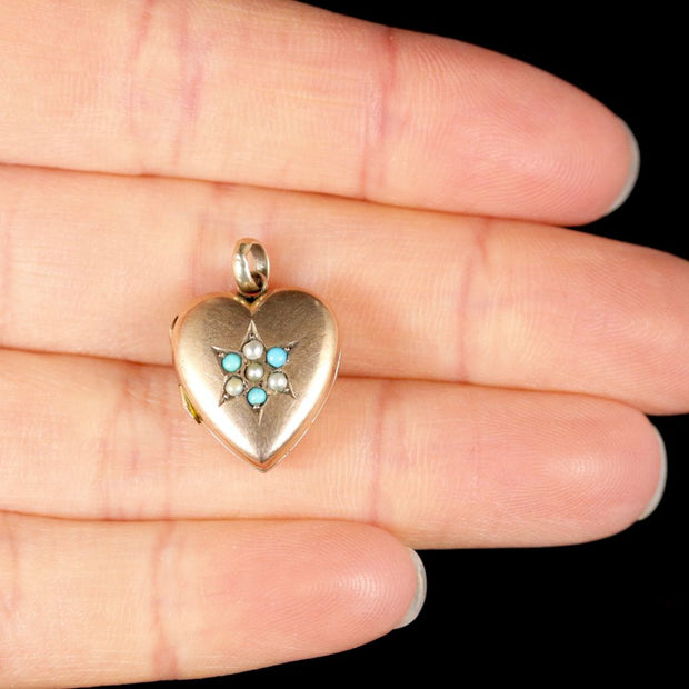 Antique Victorian Heart Locket Turquoise And Pearl Circa 1880