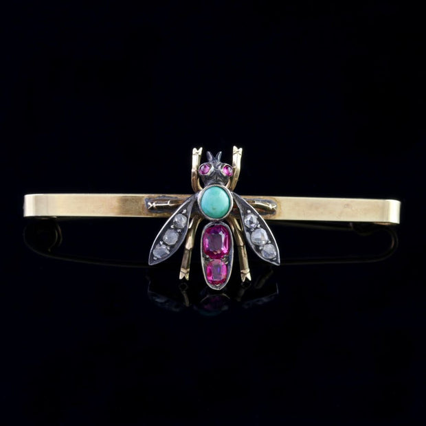 Antique Victorian Insect Brooch Diamond Ruby Turquoise Circa 1900