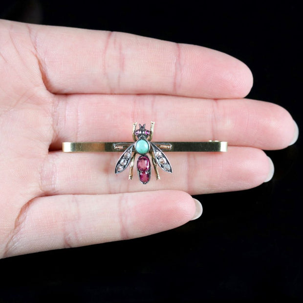Antique Victorian Insect Brooch Diamond Ruby Turquoise Circa 1900