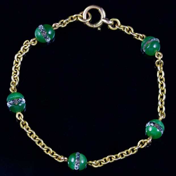 Antique Victorian Jade Crystal Bracelet 15Ct Gold Circa 1880