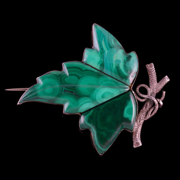 Antique Victorian Leaf Brooch Silver Malachite Vine Leaf Circa 1870