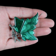 Antique Victorian Leaf Brooch Silver Malachite Vine Leaf Circa 1870