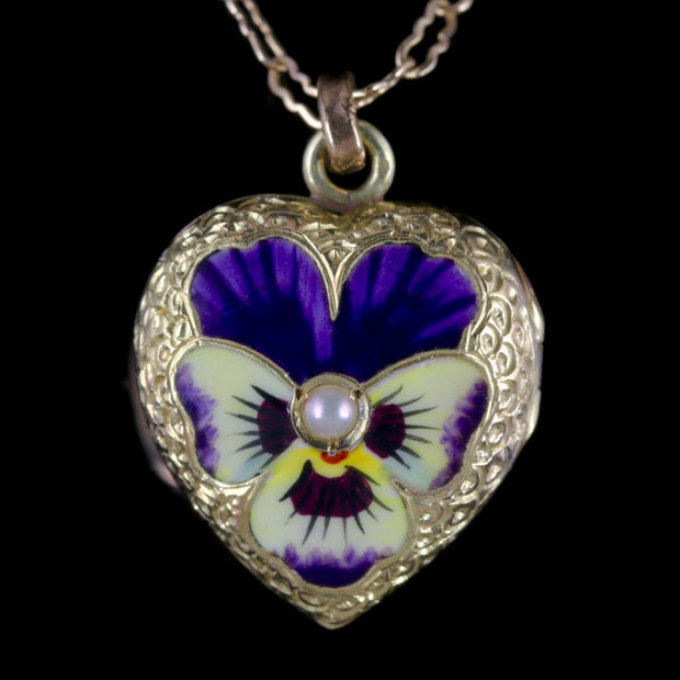 Antique Victorian Locket Necklace Pansy Heart 15Ct Gold Circa 1900