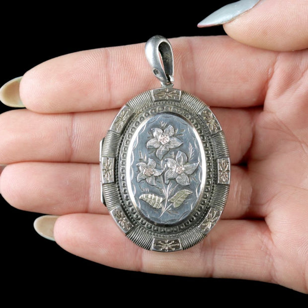 Antique Victorian Locket Silver Gold Forget Me Not Circa 1900