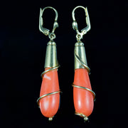 Antique Victorian Long Coral Earrings 14Ct Gold Circa 1900
