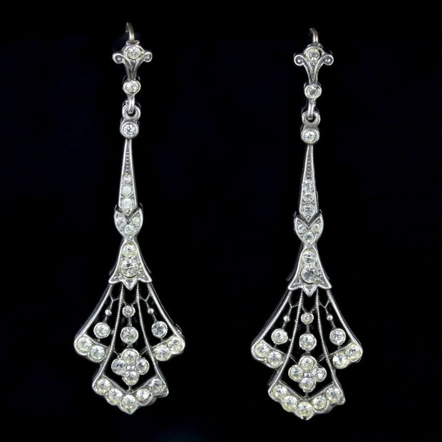Antique Victorian Long Silver Paste Drop Earrings Circa 1900