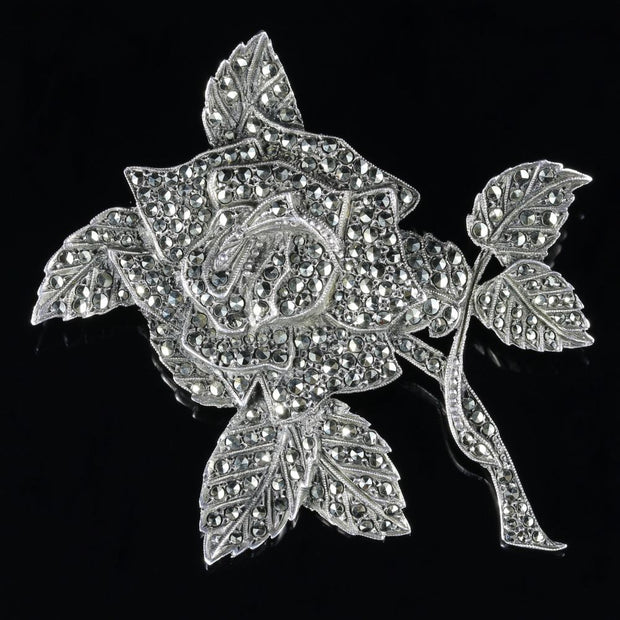 Antique Victorian Marcasite Silver Rose Brooch Circa 1900