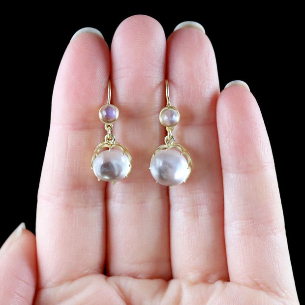 Antique Victorian Moonstone Earrings 9Ct Gold Circa 1900