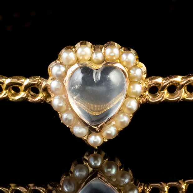 Antique Victorian Moonstone Heart Pearl Bangle 9Ct Gold Circa 1900