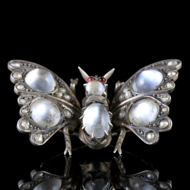 Antique Victorian Moonstone Pearl Garnet Butterfly Brooch Circa 1880